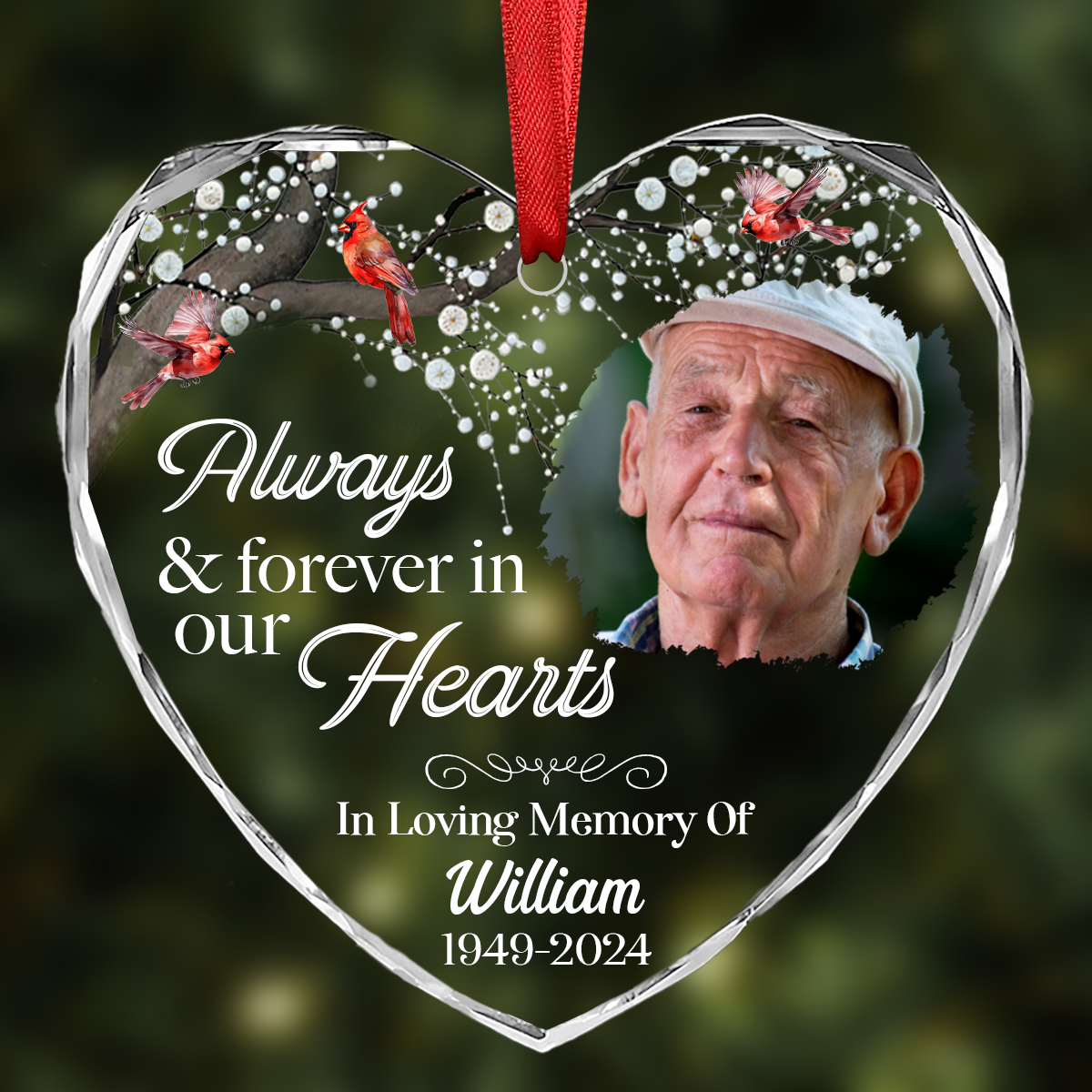 Custom Photo Always And Forever In Our Hearts Memorial - Personalized Heart Shaped Acrylic Ornament