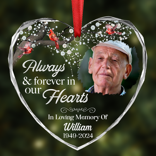 Custom Photo Always And Forever In Our Hearts Memorial - Personalized Heart Shaped Acrylic Ornament