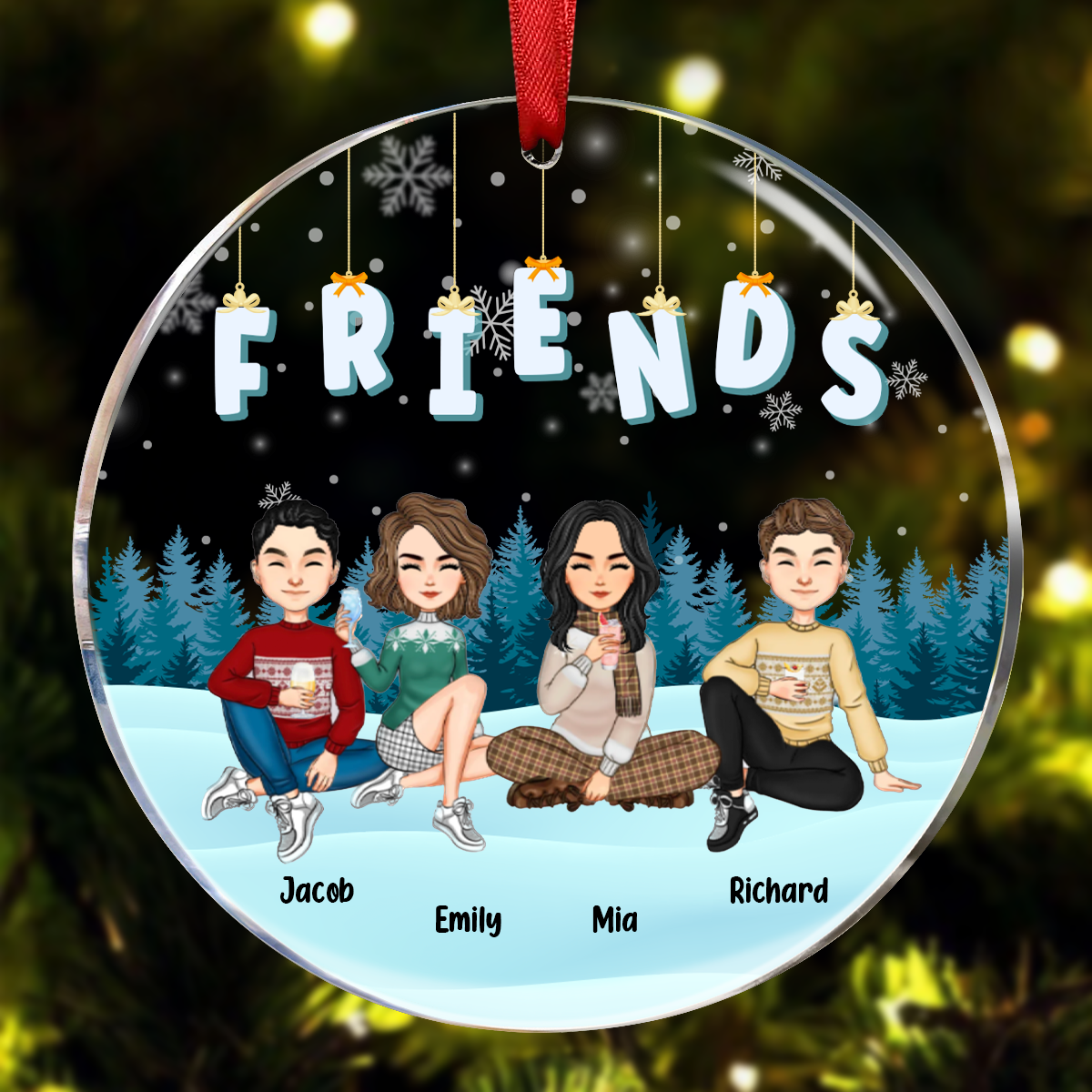 Friends Besties Sisters Sitting Together Cartoon - Personalized Circle Ornament