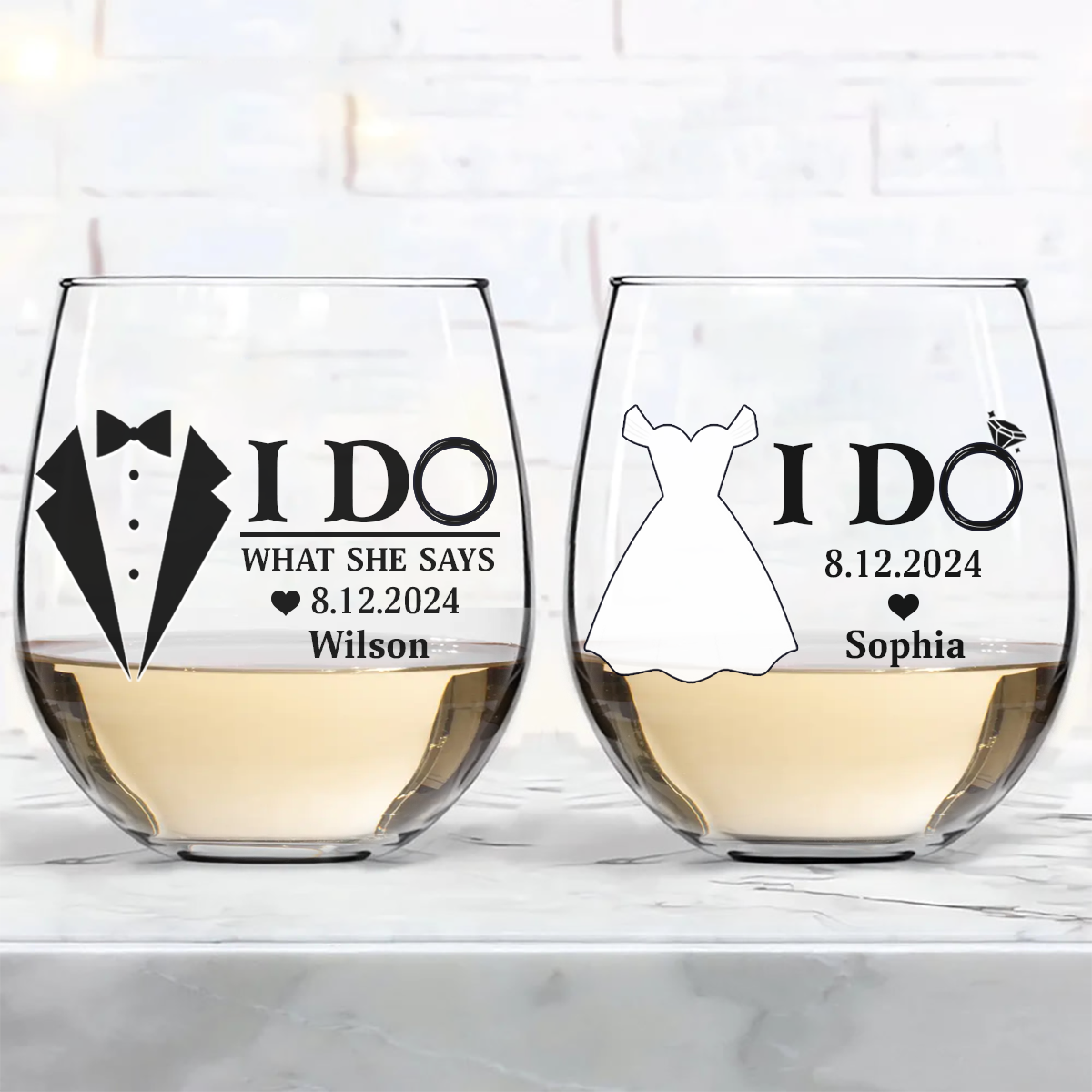 Couple I Do & I Do What She Says Married - Personalized Stemless Wine Glass