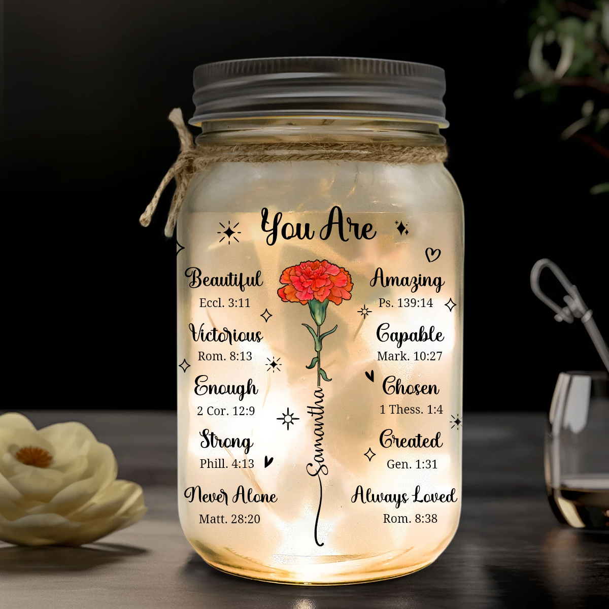 You Are Beautiful Victorious Woman Birth Month Flower - Personalized Mason Jar Light