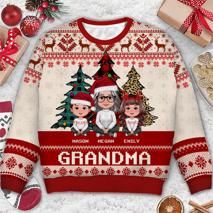 Leopard Checkered Pattern Grandma Grandkids Christmas Personalized Faux Knitting Ugly Sweater