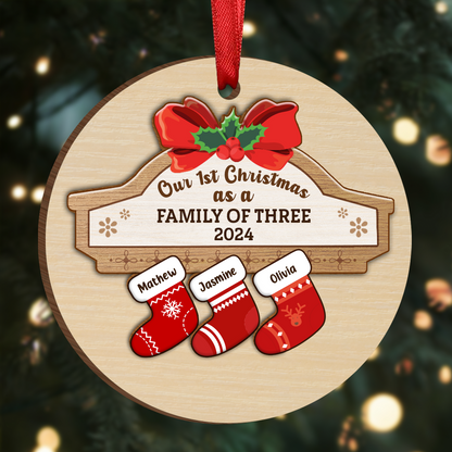 First Christmas As A Family Of Four Stocking Family - Personalized 2-Layered Wooden Ornament