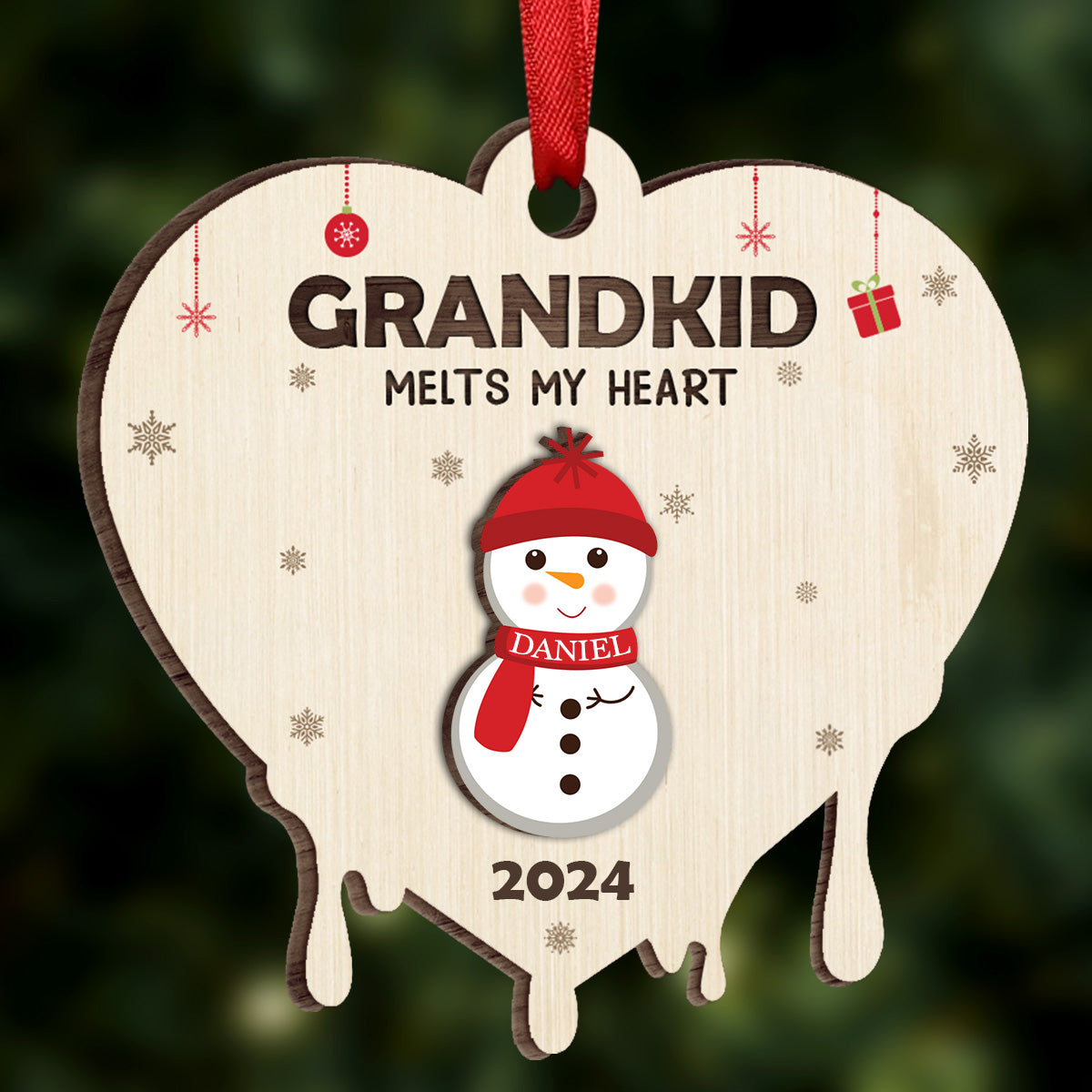 Snowman Grandkids Melt My Heart - Personalized Wooden Ornament