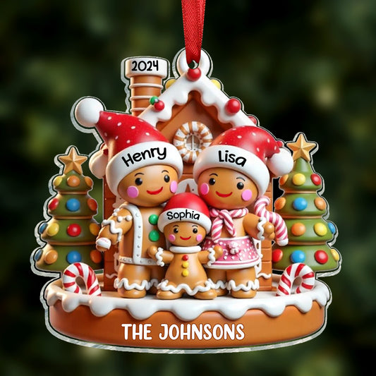 Gingerbread Family With Gingerbread House 3D Effect Personalized Acrylic Ornament