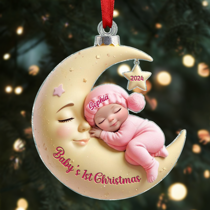 3D Effect Baby On Moon First Christmas 1st Christmas Keepsake Personalized Acrylic Ornament