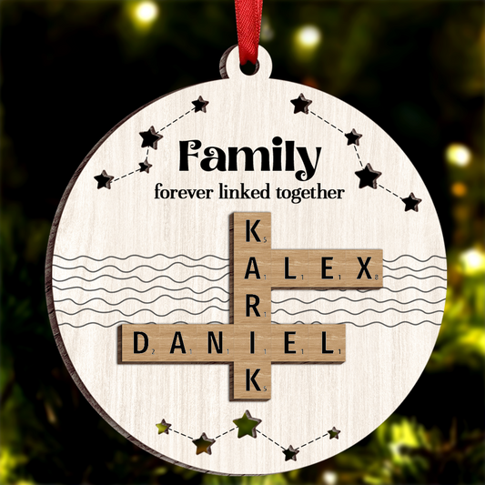 Family Forever Linked Together Puzzle Crossword Personalized Wooden Ornament, Christmas Gift For Family