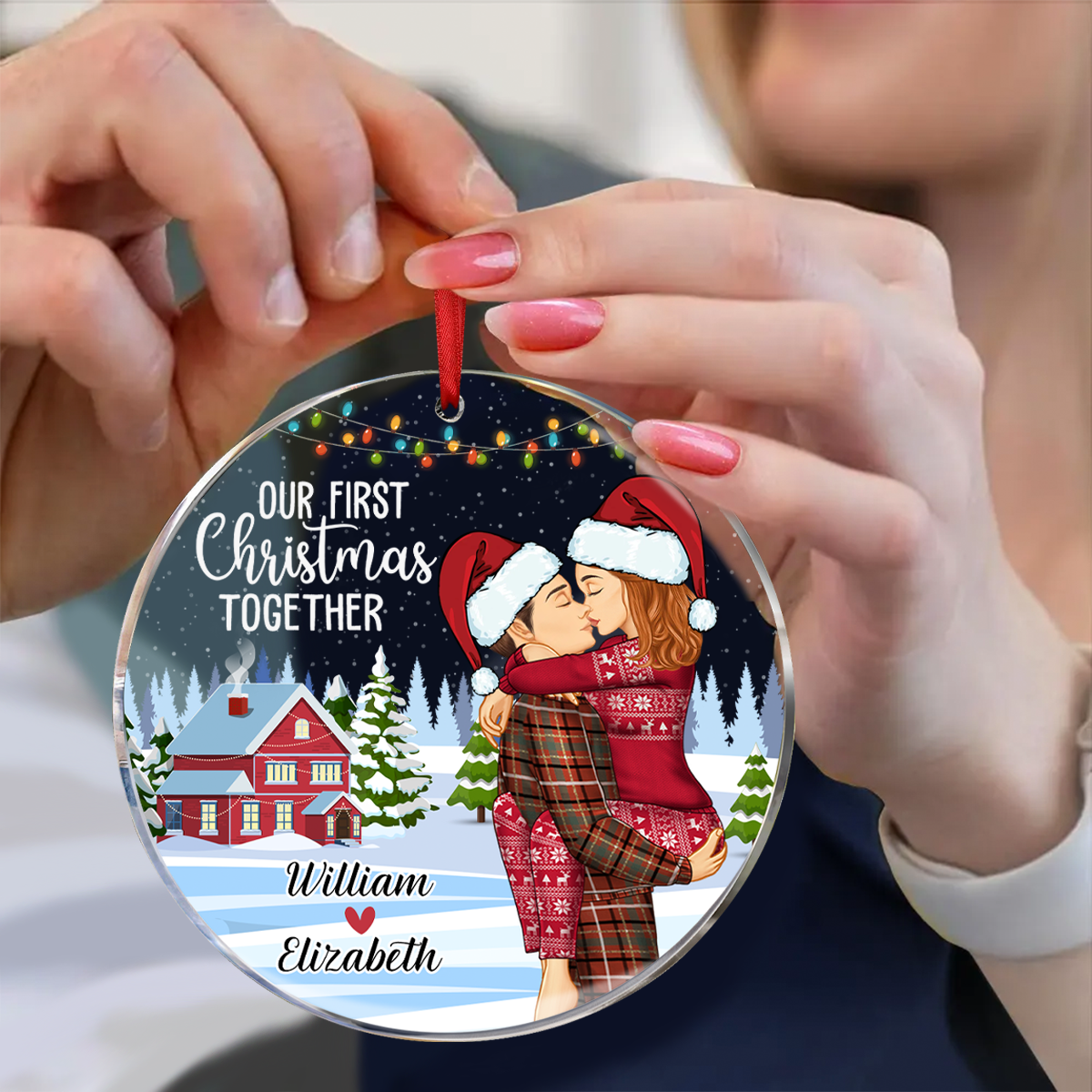 Our First Christmas - Couple Personalized Custom Circle Glass Ornament - Gift For Husband Wife, Anniversary, First Christmas