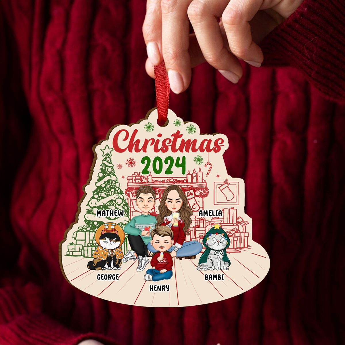 Family 2024 Red Green - Personalized Custom Shaped Wooden Ornament