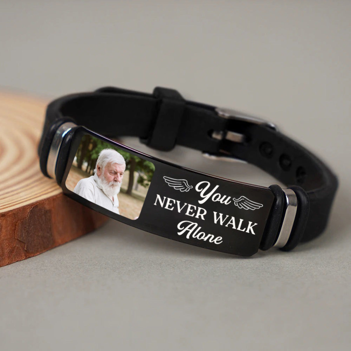 Custom Photo You Never Walk Alone Memorial - Personalized Engraved Bracelet