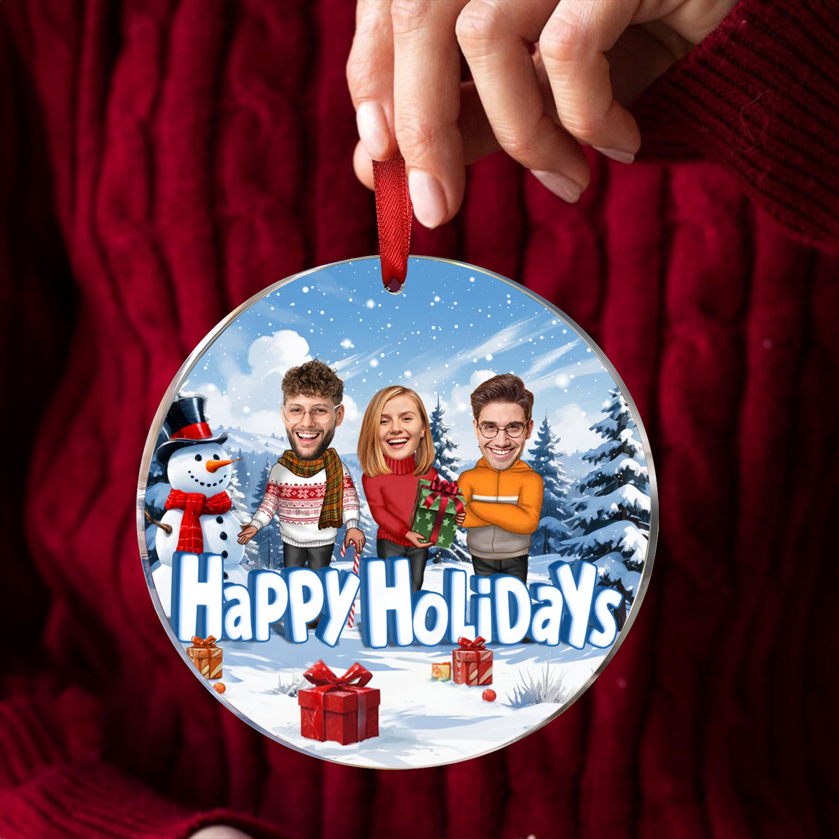 Happy Holiday Funny Family, Custom Photo Ornament, Personalized Family Photo Circle Ceramic Christmas Ornament, Family Keepsake