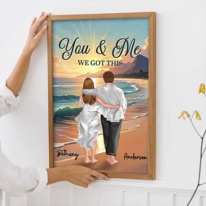 Back View Couple Embracing & Walking On The Beach Personalized Poster, Heartfelt Gift For Couple, For Him, For Her, Boyfriend, Girlfriend, Husband, Wife