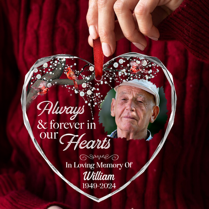 Custom Photo Always And Forever In Our Hearts Memorial - Personalized Heart Shaped Acrylic Ornament