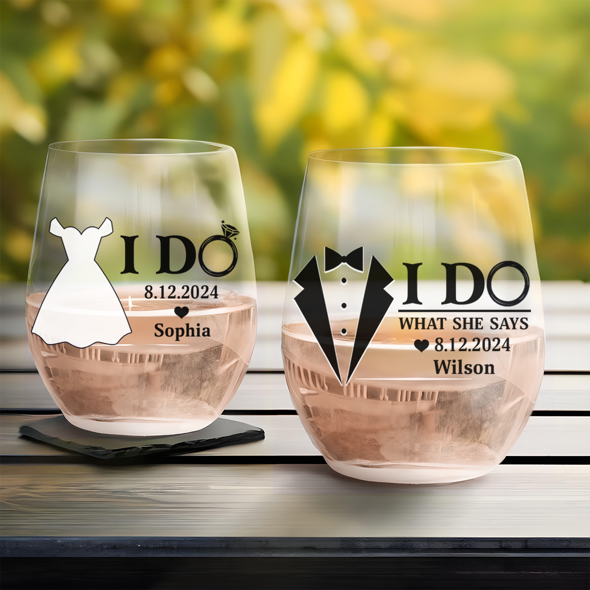 Couple I Do & I Do What She Says Married - Personalized Stemless Wine Glass