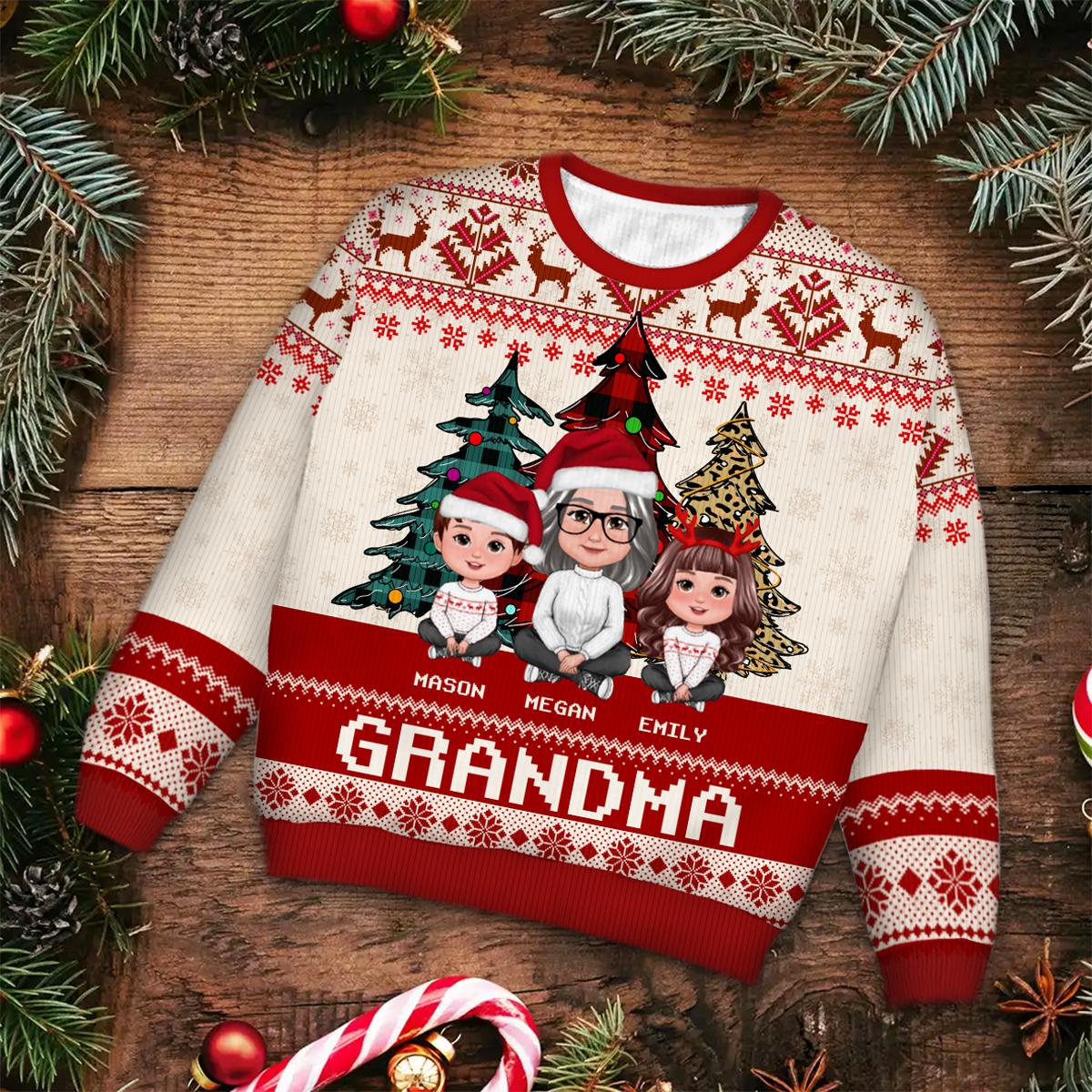 Leopard Checkered Pattern Grandma Grandkids Christmas Personalized Faux Knitting Ugly Sweater