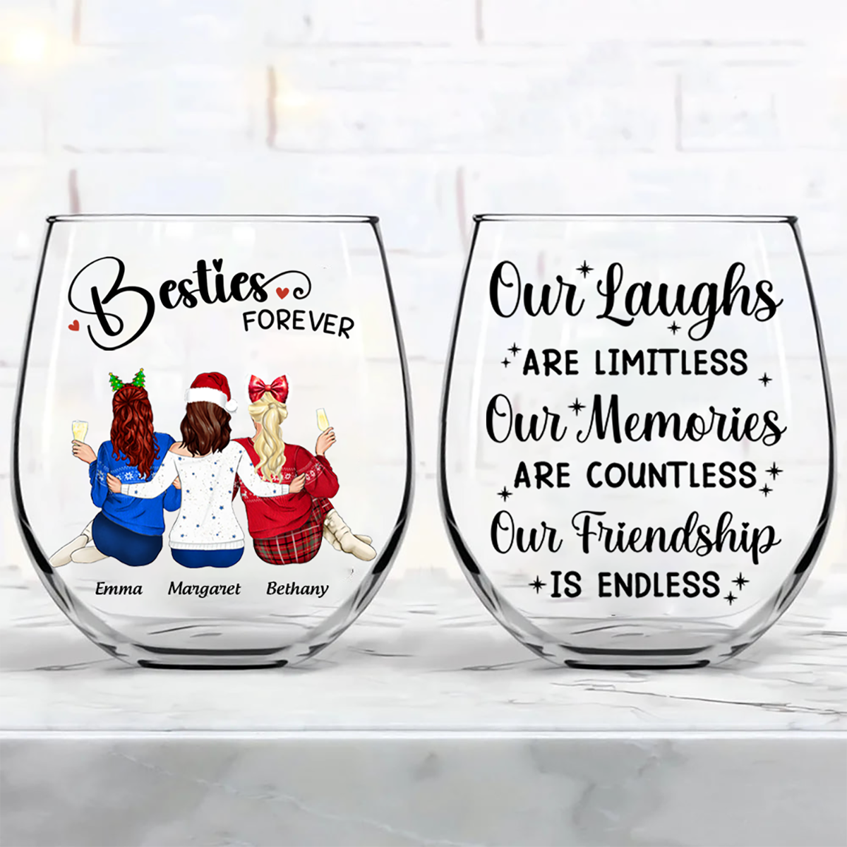 Countless Memories Our Friendship Is Endless Besties - Personalized Stemless Wine Glass