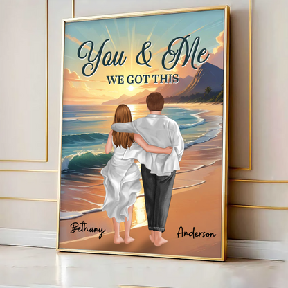 Back View Couple Embracing & Walking On The Beach Personalized Poster, Heartfelt Gift For Couple, For Him, For Her, Boyfriend, Girlfriend, Husband, Wife