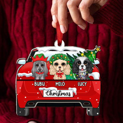 Chirstmas Dog Cat With Red Truck - Personalized Cutout Acrylic Ornament