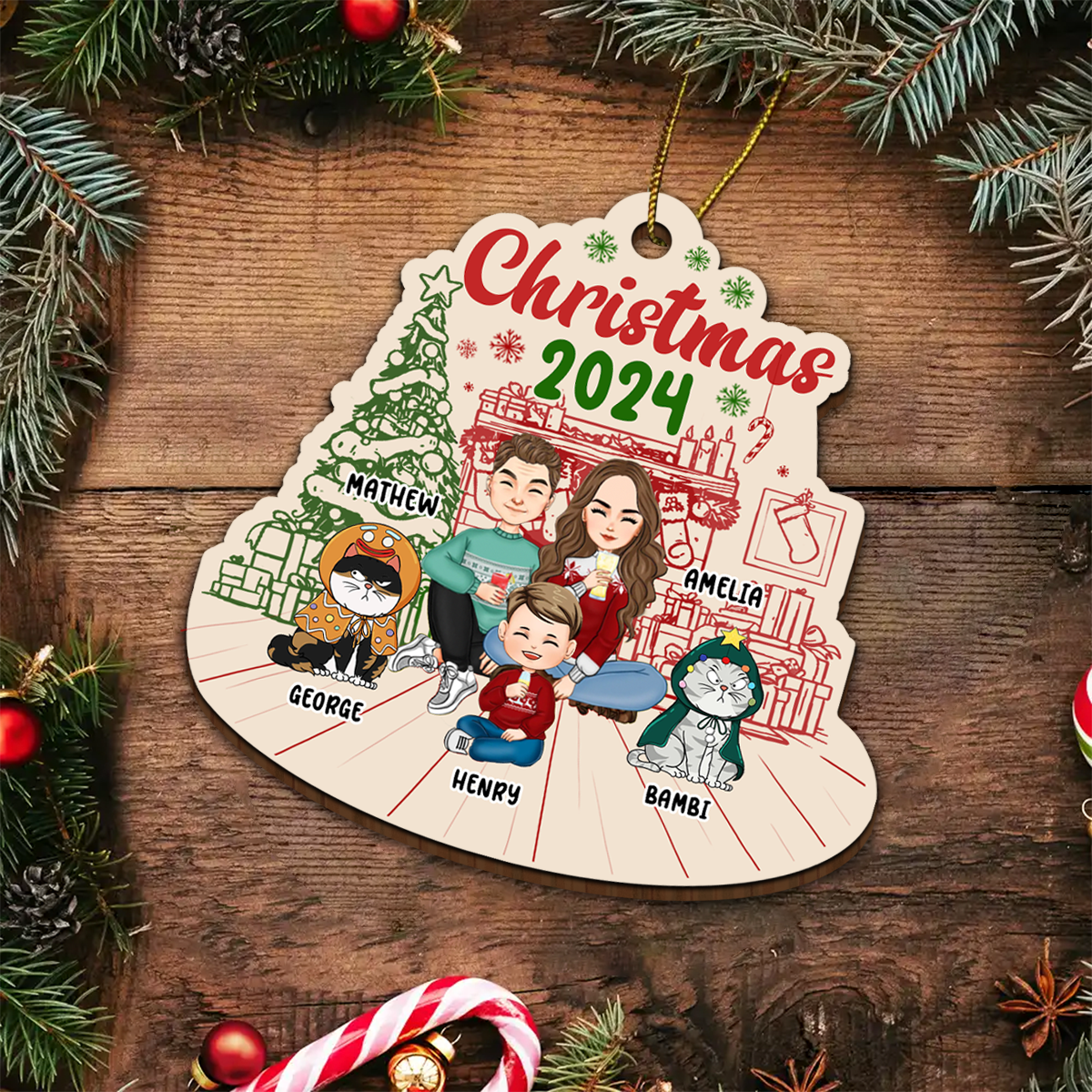 Family 2024 Red Green - Personalized Custom Shaped Wooden Ornament