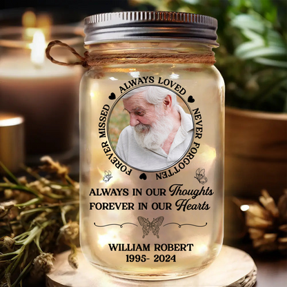 Custom Photo Memorial Always Loved Never Forgotten - Personalaized Mason Jar Light