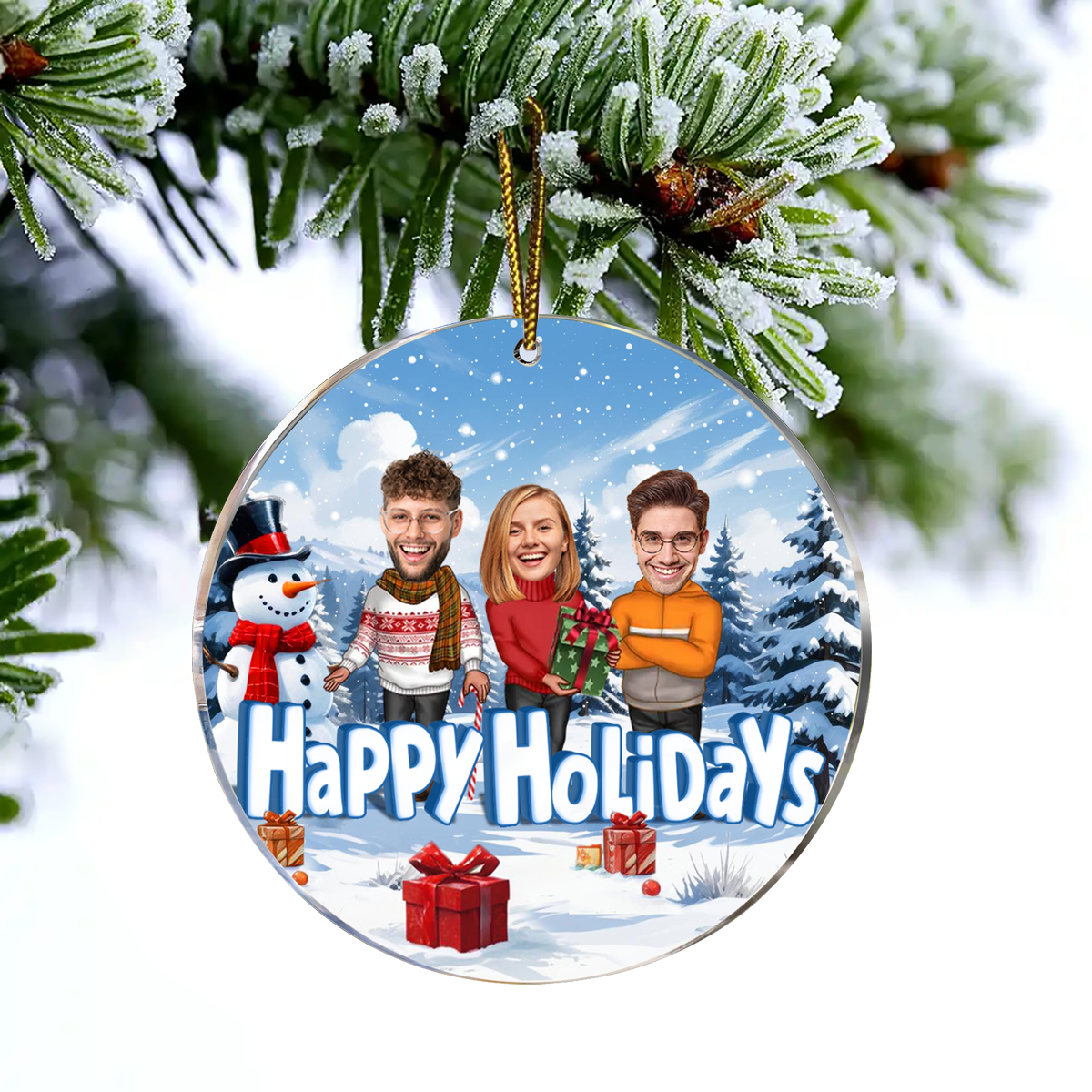 Happy Holiday Funny Family, Custom Photo Ornament, Personalized Family Photo Circle Ceramic Christmas Ornament, Family Keepsake