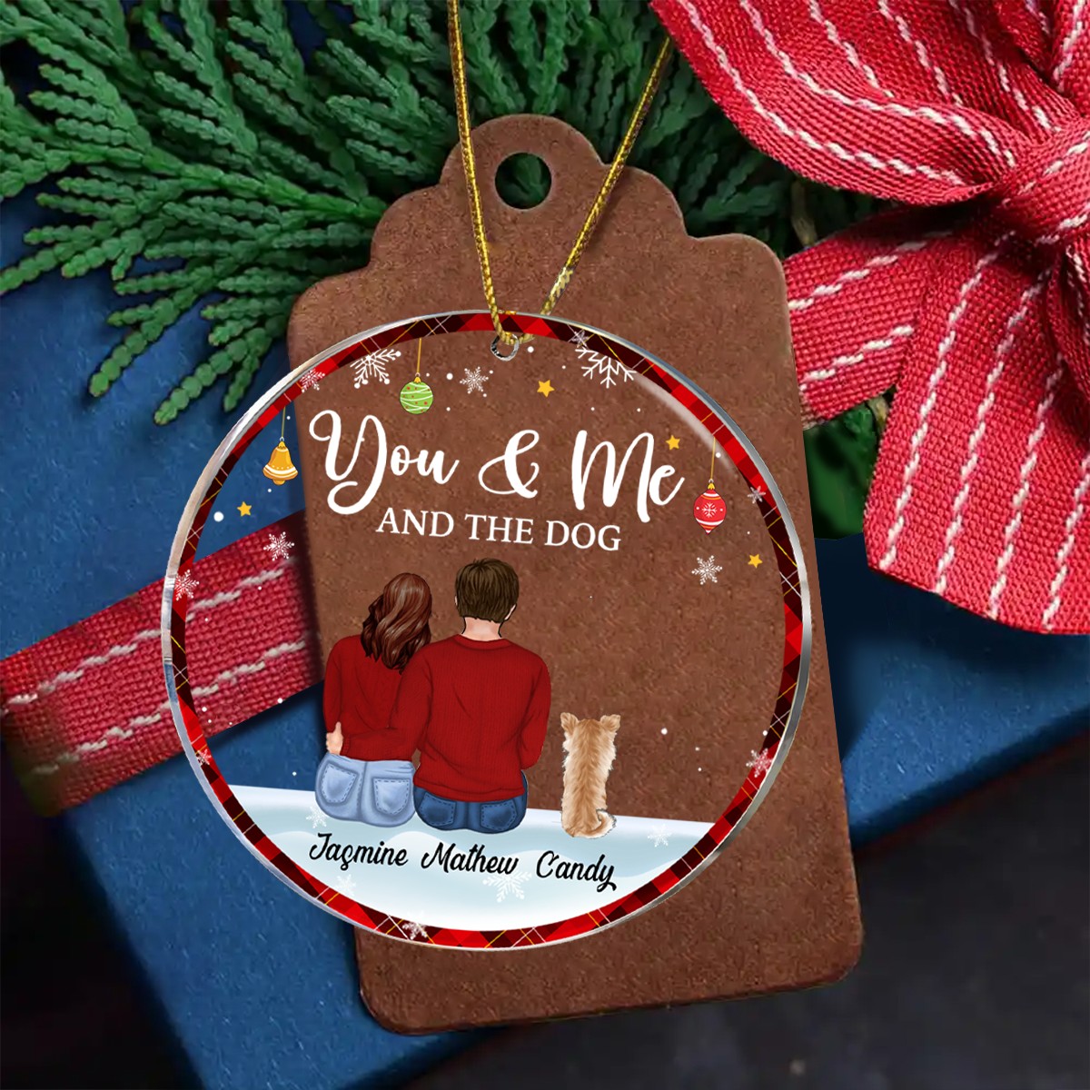 You & Me & The Dog Christmas Couple - Personalized Circle Acrylic Ornament