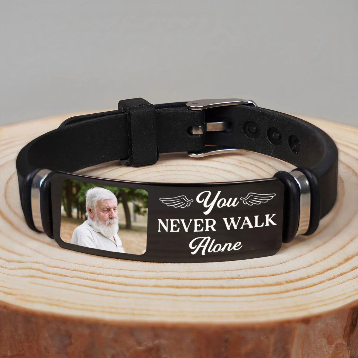 Custom Photo You Never Walk Alone Memorial - Personalized Engraved Bracelet