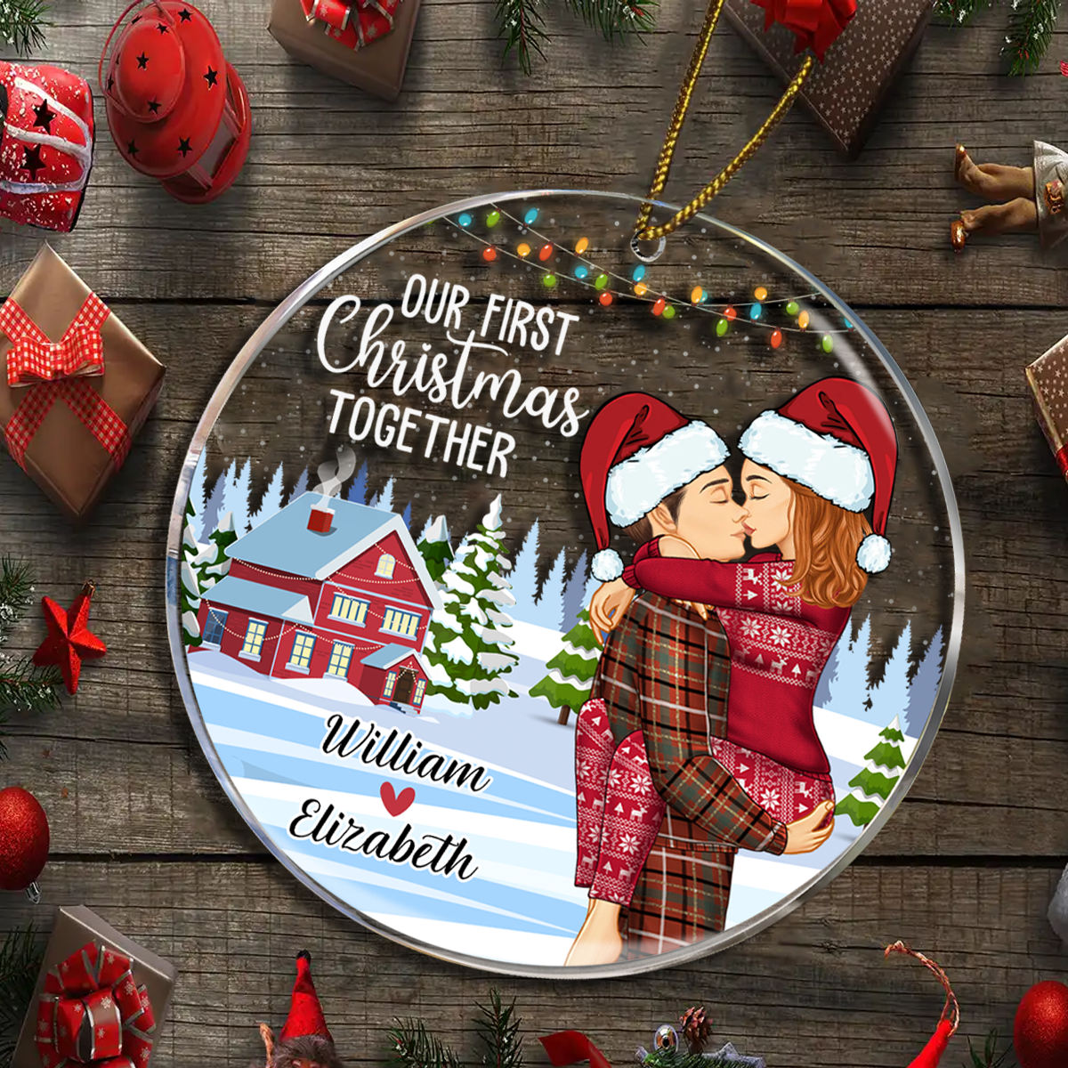 Our First Christmas - Couple Personalized Custom Circle Glass Ornament - Gift For Husband Wife, Anniversary, First Christmas