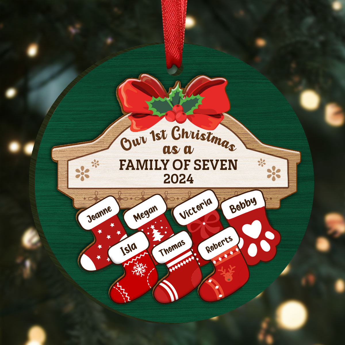 First Christmas As A Family Of Four Stocking Family - Personalized 2-Layered Wooden Ornament