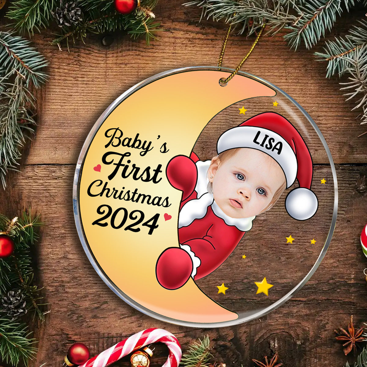 Custom Photo Christmas Santa Baby - Personalized Circle Acrylic Ornament