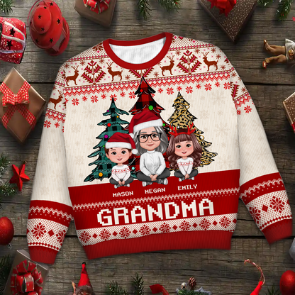 Leopard Checkered Pattern Grandma Grandkids Christmas Personalized Faux Knitting Ugly Sweater