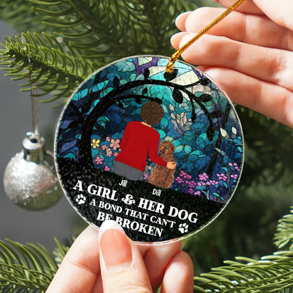 Flower Field A Girl And Her Dog And Cat - Personalized Circle Acrylic Ornament