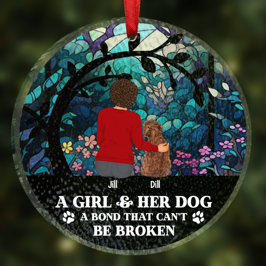 Flower Field A Girl And Her Dog And Cat - Personalized Circle Acrylic Ornament