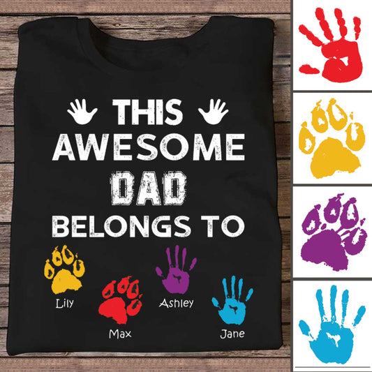 Awesome Dad, Grandpa Belongs To - Personalized T - shirt - Gift For Dad - Hand Prints - Makezbright Gifts