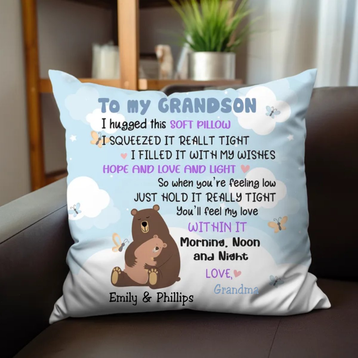 Bear Family - To My Grandson I Hugged This Soft Pillow - Personalized Pillow - Makezbright Gifts