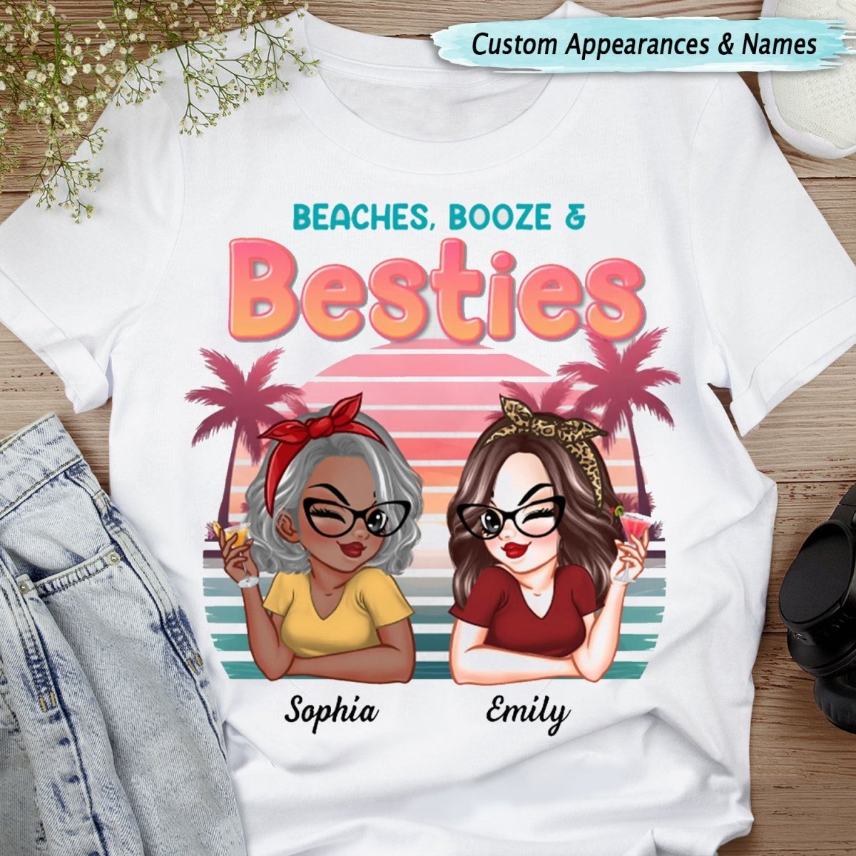 Besties - Beaches Booze And Besties - Personalized Unisex T - shirt, Sweater, Hoodie - Makezbright Gifts