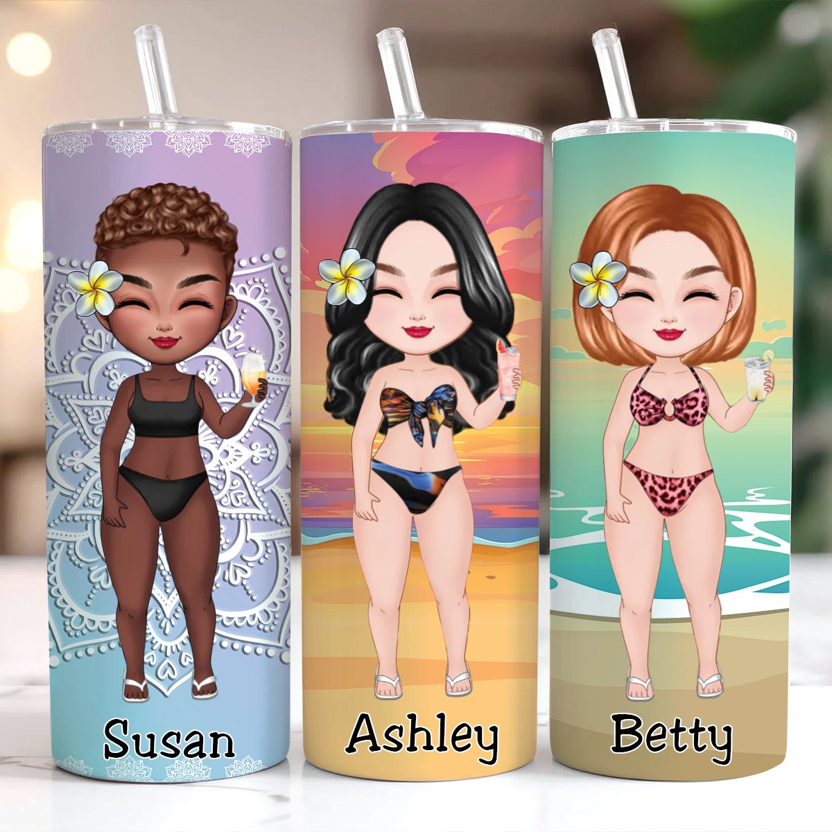 Besties - Sun Sand And Besties - Personalized Skinny Tumbler - Makezbright Gifts