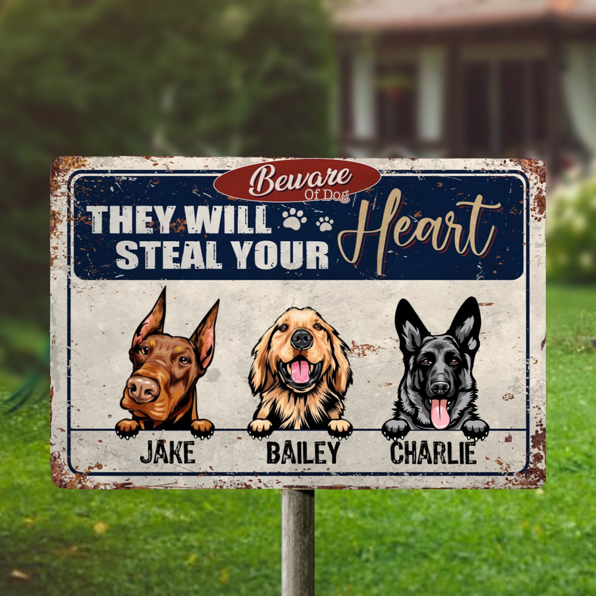 Beware Of Dog They Will Steal Your Heart - Personalized Metal Sign - Makezbright Gifts