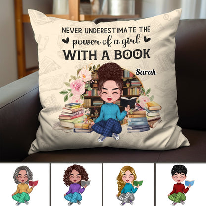 Book Lovers - Never Underestimate The Power Of A Girl With A Book - Personalized Pillow (II) - Makezbright Gifts