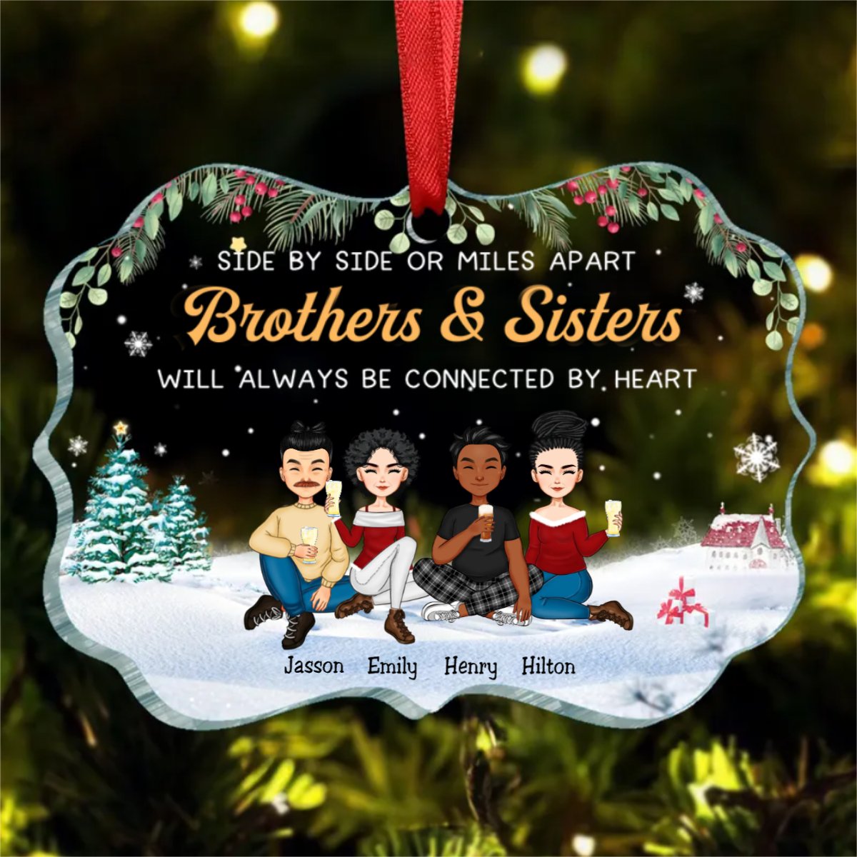 Brothers & Sisters - Side By Side Or Miles Apart Brothers & Sisters Will Always Be Connected By Heart - Personalized Christmas Ornament - Makezbright Gifts