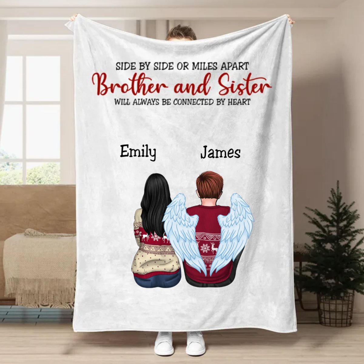 Brothers & Sisters - Side By Side Or Miles Apart Brothes & Sisters Will Always Be Connected By Heart - Personalized Blanket - Makezbright Gifts