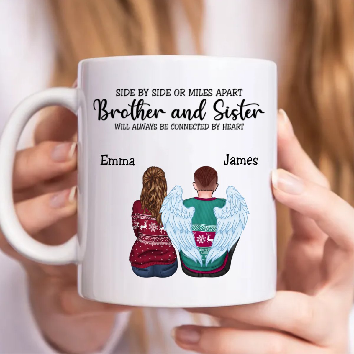 Brothers & Sisters - Side By Side Or Miles Apart Brothes & Sisters Will Always Be Connected By Heart - Personalized Mug - Makezbright Gifts