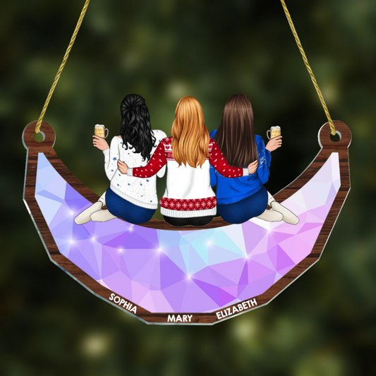 Besties Friends Sitting On The Moon - Personalized Window Hanging Suncatcher Ornament