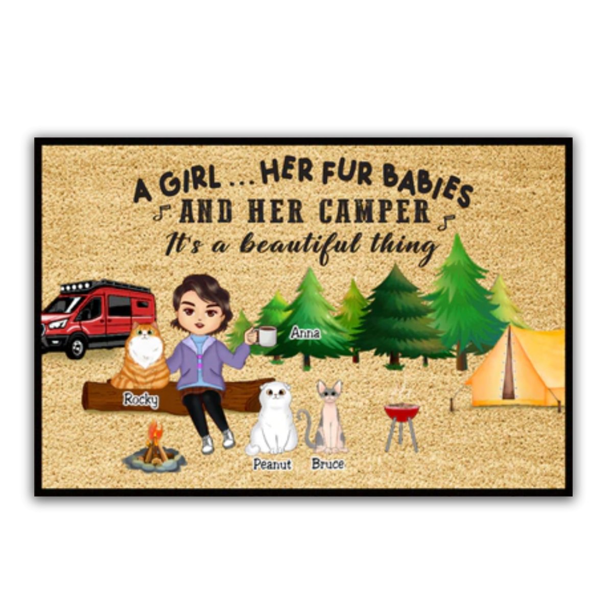 Campers - A Girl... Her Fur Babies And Her Camper - Personalized Doormat - Makezbright Gifts