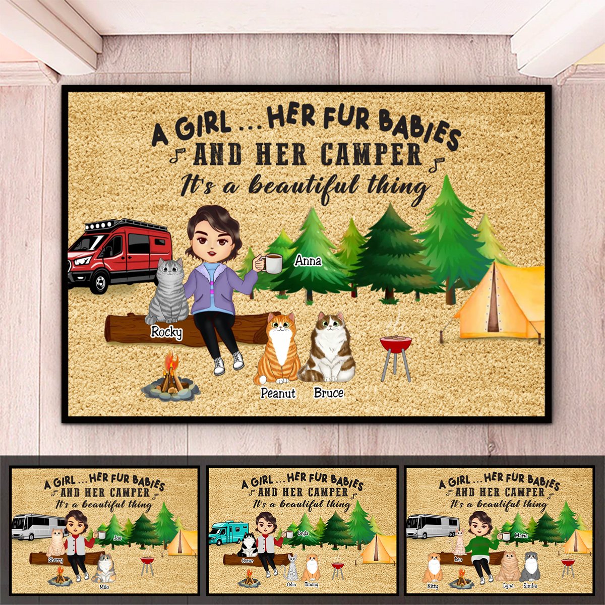 Campers - A Girl... Her Fur Babies And Her Camper - Personalized Doormat - Makezbright Gifts