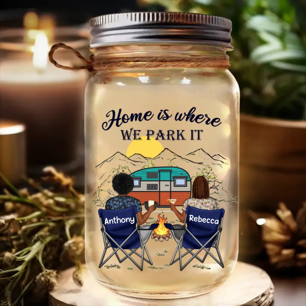 Camping Lover - Home Is Where We Park It - Personalized Mason Jar Light - Makezbright Gifts