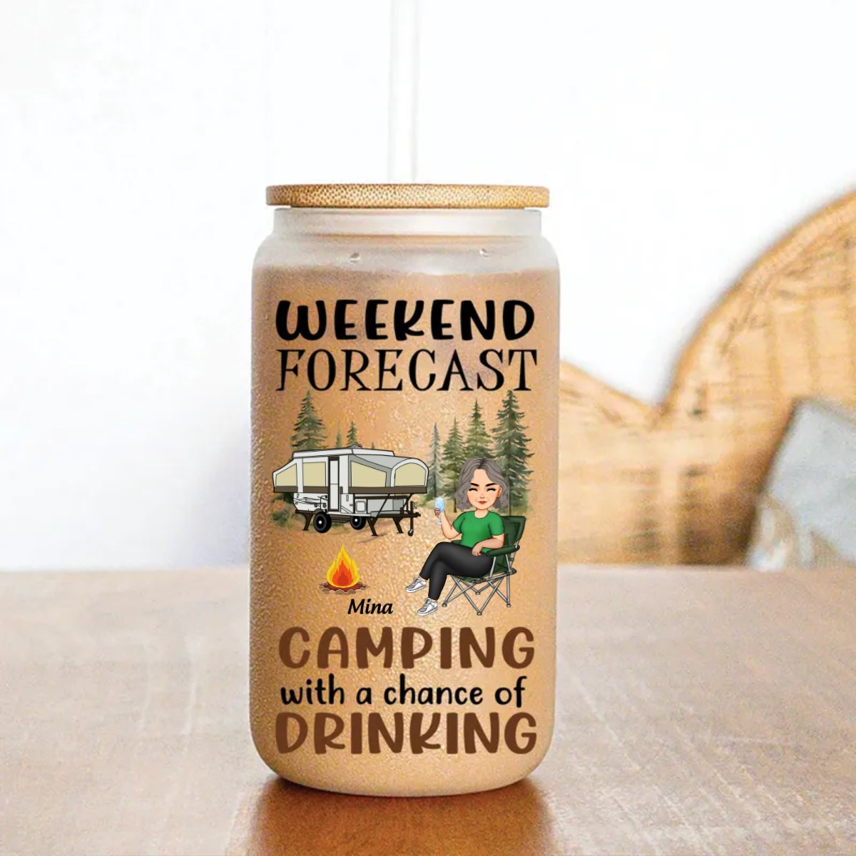 Camping Lovers - Weekend Forecast Camping With A Chance Of Drinking - Personalized Glass Can - Makezbright Gifts