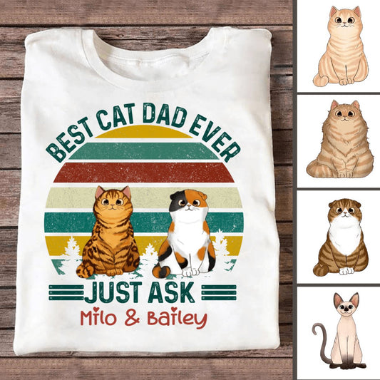 Cat Lover - Best Cat Dad Fluffy Cat Retro - Personalized White Unisex T - Shirt - Makezbright Gifts