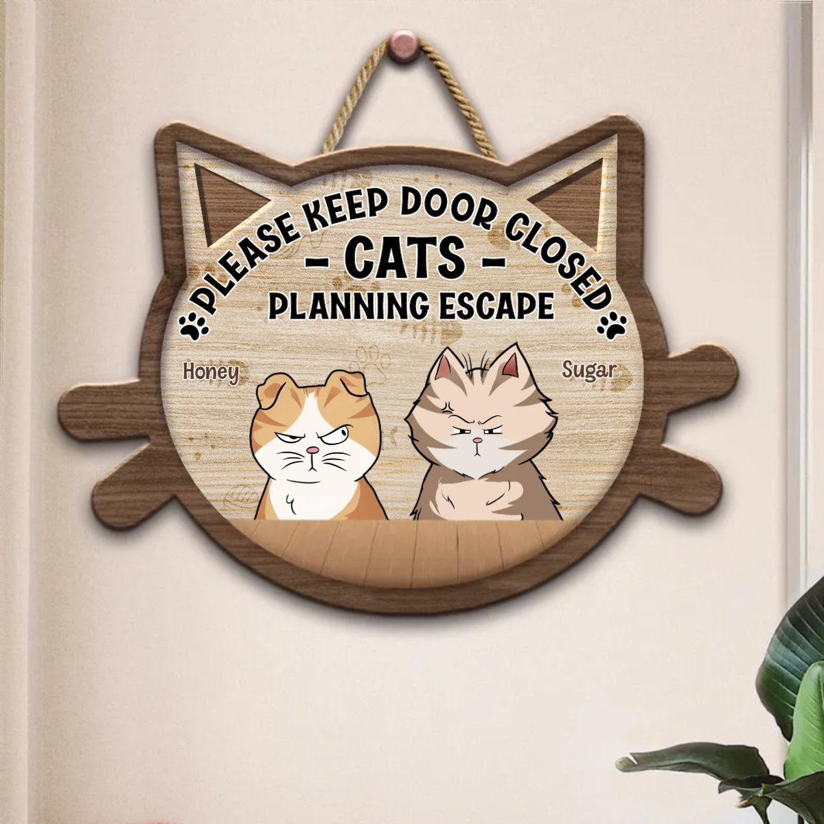 Cat Lovers - Cats Planning Escape - Personalized Shaped Wood Sign - Makezbright Gifts