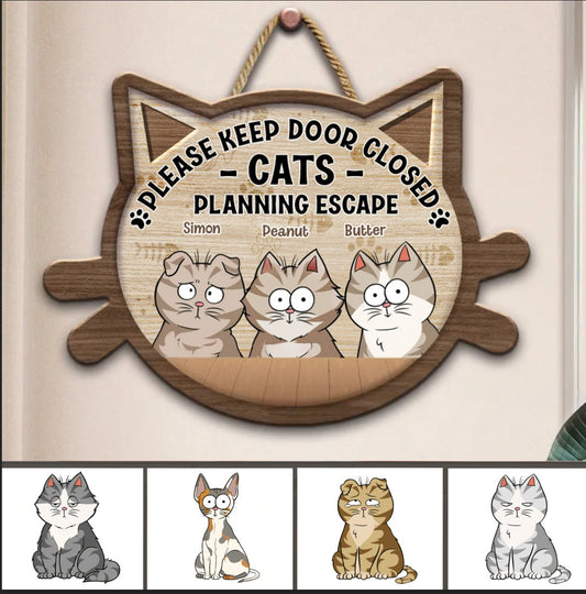 Cat Lovers - Cats Planning Escape - Personalized Shaped Wood Sign - Makezbright Gifts